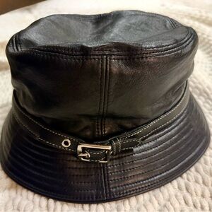 Coach Black Leather Bucket Hat with Buckle Trim